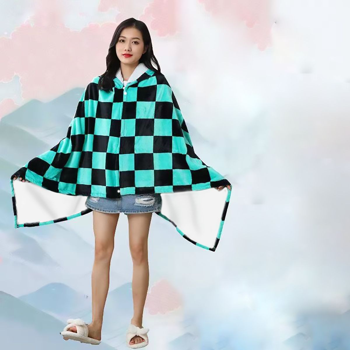 Cosplay Anime Zenitsu - Anime Flanellen Dekbed Hoodie Sjaal Demon
